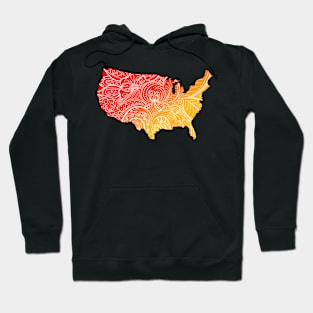 Colorful mandala art map of the United States of America in red and yellow Hoodie